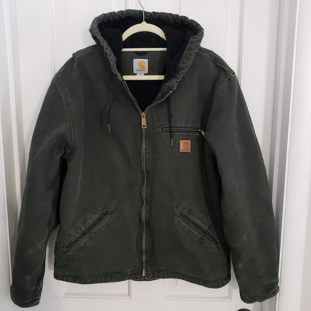 Carhartt Mens Sherpa Lined Jacket Coat LG Hooded Workwear Outdoor J141 Green